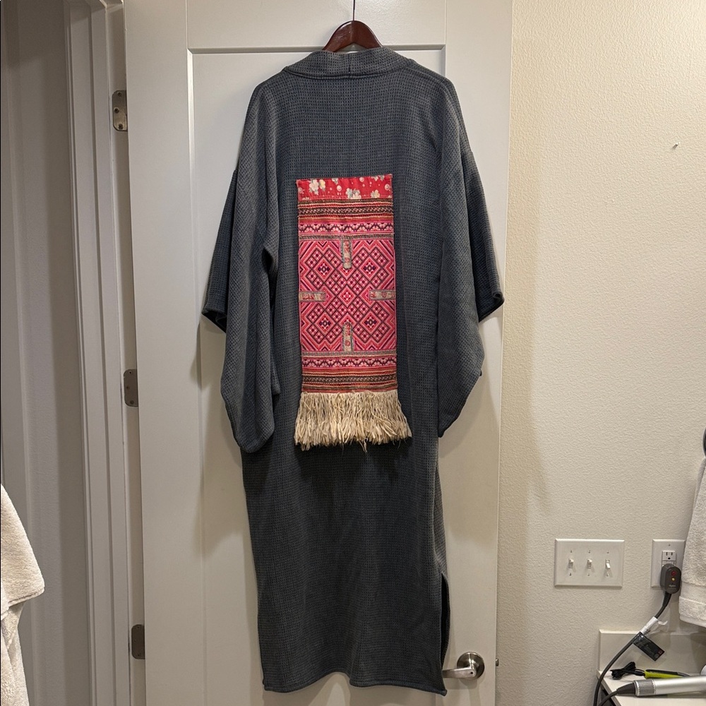 Gray Kimono Robe with Red Patterned Back Panel